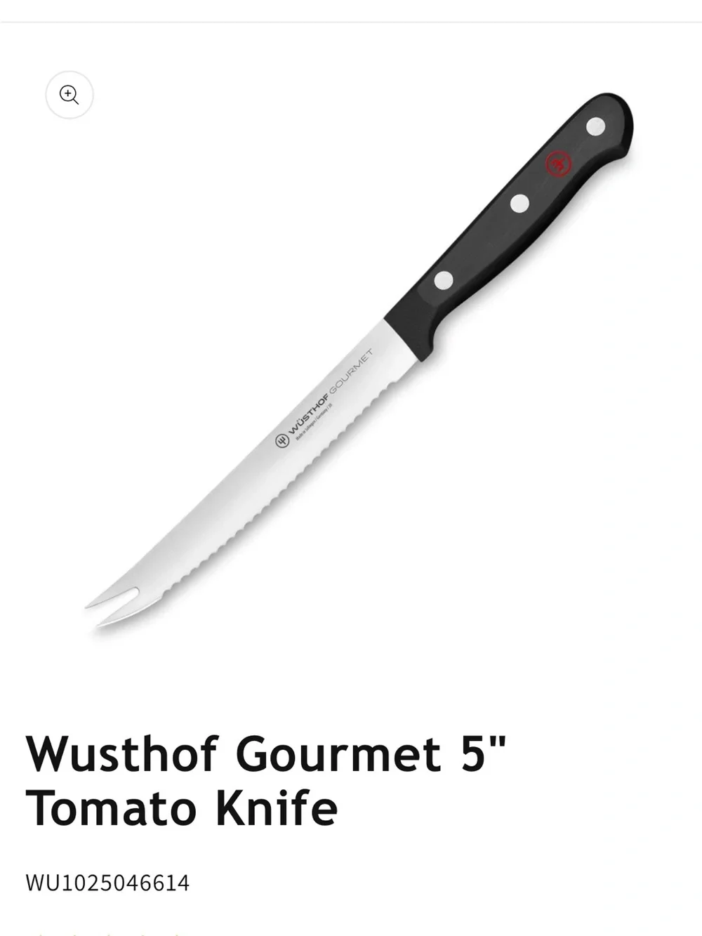 Wusthof Serrated Kitchen Knife with Black Handle and Silver Blade.